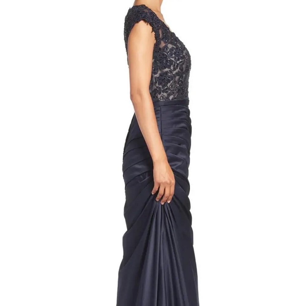 La Femme Navy Blue Embellished Lace & Satin Trumpet Gown - Picture 5 of 7